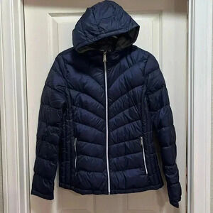 Michael Kors Women’s Blue Packable Down Short Zip Up Coat Jacket Hood Puffer Med